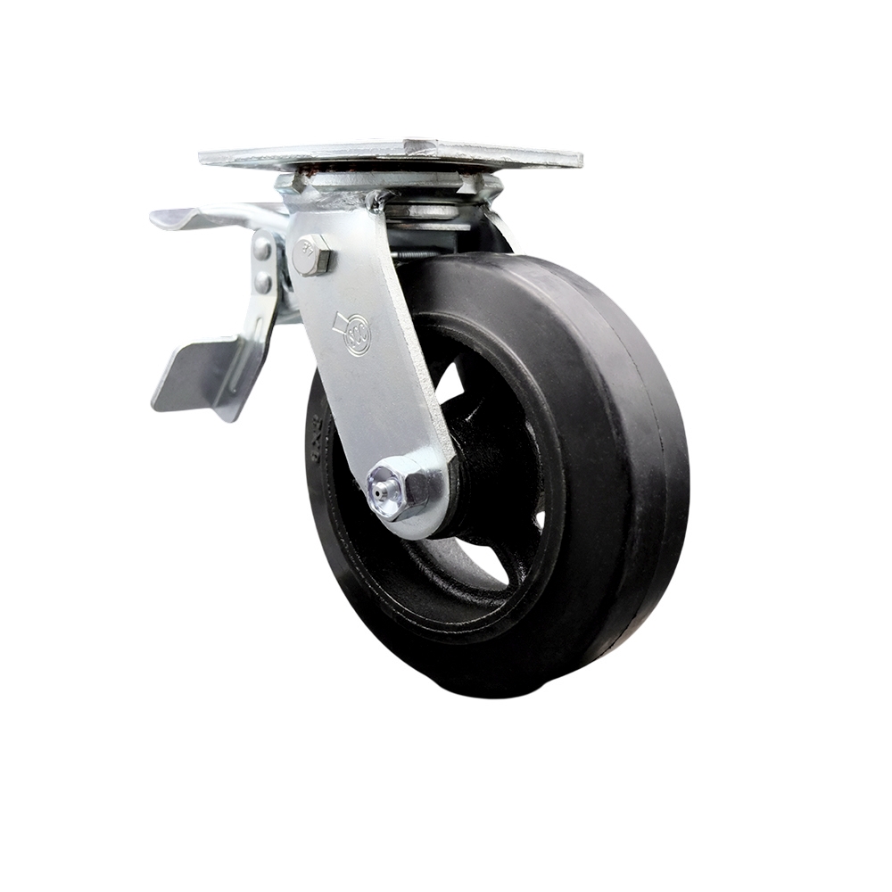 Heavy Duty Swivel Top Plate Caster with Total Lock Brake and 6 Inch Rubber on Metal Wheel with Ball Bearings - 450 lbs. Capacity/Caster - Service Caster Brand — photo 1