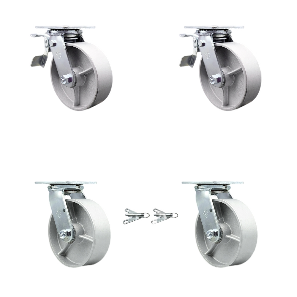 Semi Steel Cast Iron Swivel Top Plate Casters Set of 4 Heavy Duty with 6 Inch Wheels - Includes 2 Swivel with Bolt on Swivel Locks and 2 Swivel with Total Lock Brakes - Service Caster Brand — photo 1