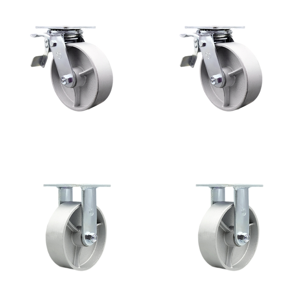 Heavy Duty Swivel Caster Set of 4 with 6 Inch Semi Steel Cast Iron Wheels and Ball Bearings - Includes 2 Swivel with Total Lock Brakes and 2 Rigid – 4,800 lbs. Total Capacity - Service Caster Brand — photo 1