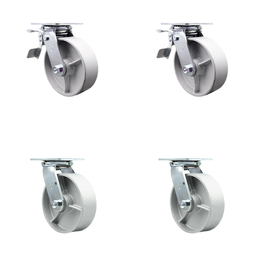 Semi Steel Cast Iron Swivel Top Plate Casters Set of 4 Heavy Duty with 6 Inch Wheels - Includes 2 Swivel with Total Lock Brakes and 2 Swivel – 4,800 lbs. Total Capacity - Service Caster Brand — photo 1