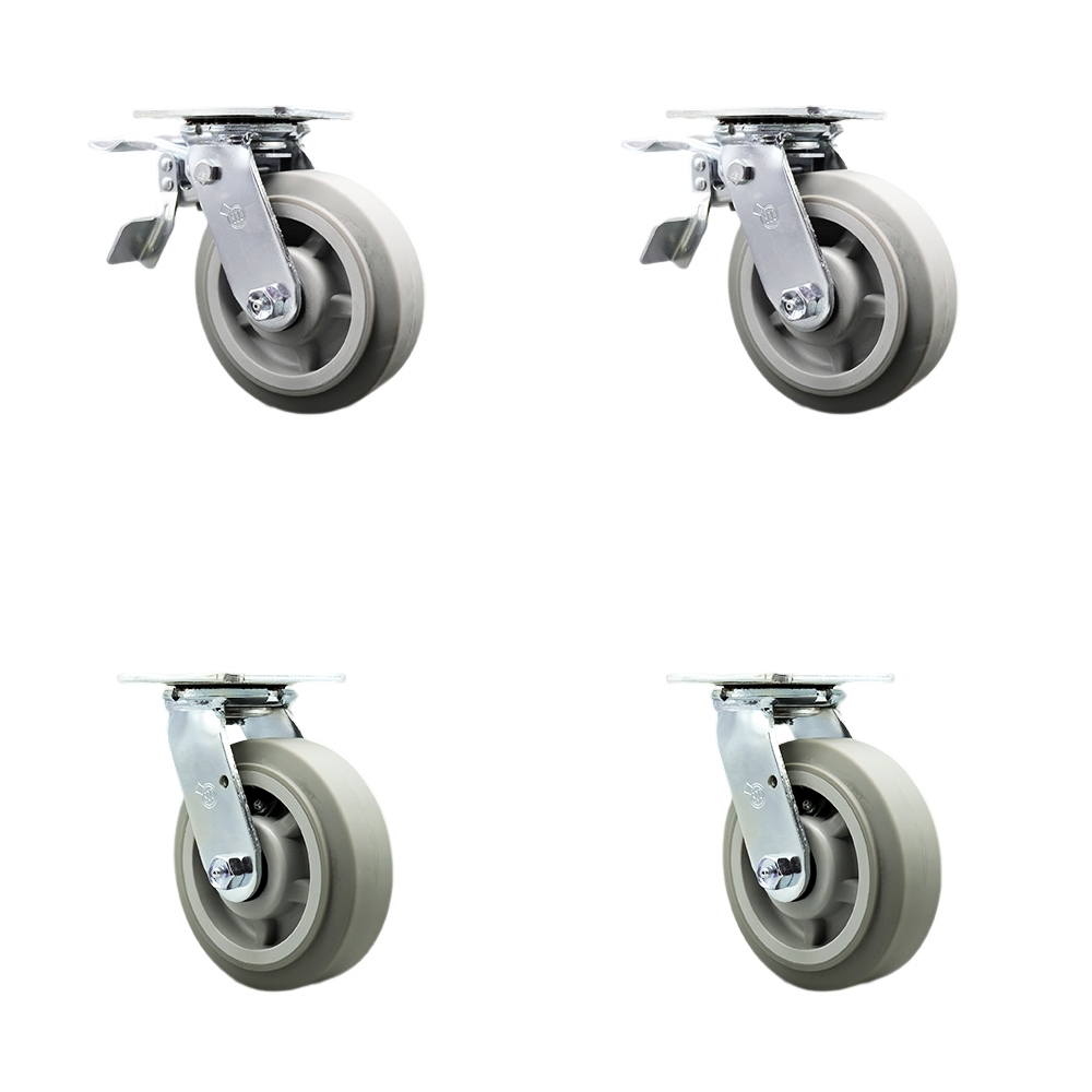 Thermoplastic Rubber Flat Tread Swivel Top Plate Casters Set of 4 Heavy Duty with 6 Inch Wheels - Includes 2 Swivel with Total Lock Brakes and 2 Swivel–2,000 lbs. Total Capacity - Service Caster Brand — photo 1