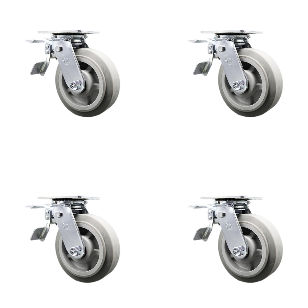 Thermoplastic Rubber Flat Tread Swivel Top Plate Casters Set of 4 Heavy Duty with 6 Inch Wheels - Includes 4 Swivel with Total Lock Brakes – 2,000 lbs. Total Capacity - Service Caster Brand — photo 1