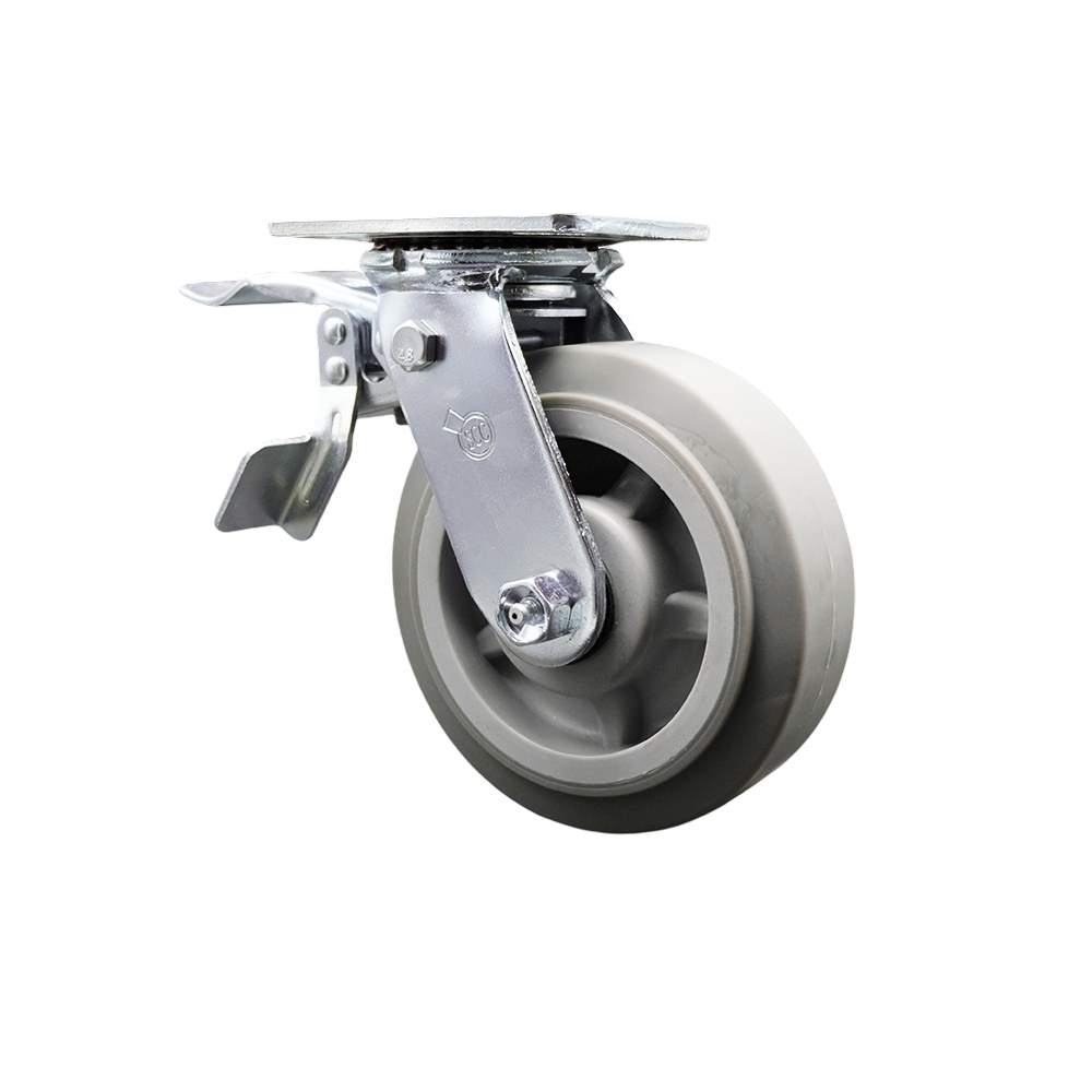 Heavy Duty Swivel Top Plate Caster with Total Lock Brake and 6 Inch Thermoplastic Rubber Flat Tread Wheel with Ball Bearings - 500 lbs. Capacity/Caster - Service Caster Brand — photo 1