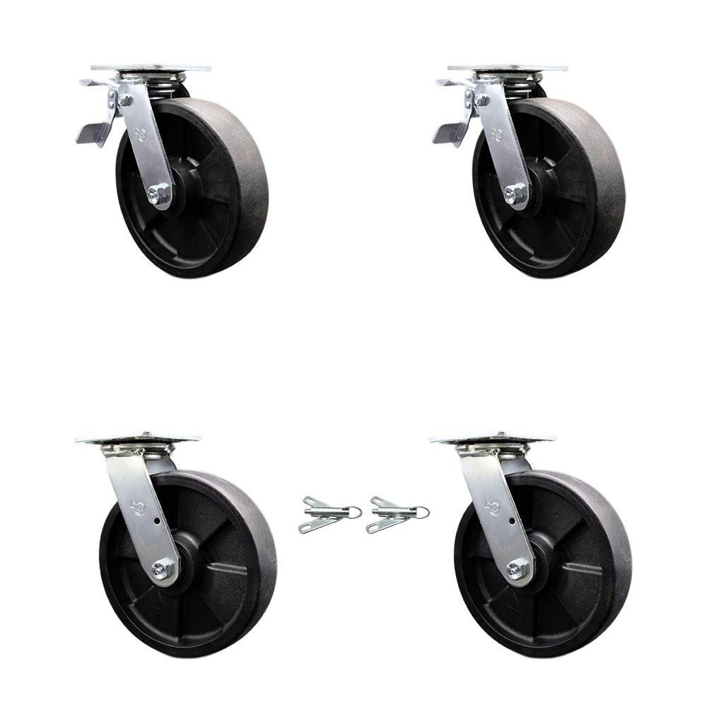 Heavy Duty Swivel Caster Set with 8 Inch High Temp Glass Filled Nylon Wheels and Ball Bearings - Includes 2 Swivel with Total Lock Brakes and 2 Swivel with Bolt on Swivel Locks - Service Caster Brand — photo 1