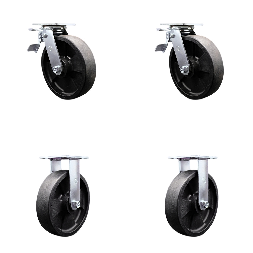 Heavy Duty Swivel Caster Set of 4 with 8 Inch High Temperature Glass Filled Nylon Wheels and Ball Bearings - Includes 2 Swivel with Total Lock Brakes and 2 Rigid - Service Caster Brand — photo 1