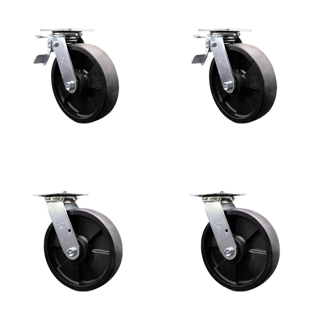 Heavy Duty Swivel Caster Set of 4 with 8 Inch High Temperature Glass Filled Nylon Wheels and Ball Bearings - Includes 2 Swivel with Total Lock Brakes and 2 Swivel - Service Caster Brand — photo 1