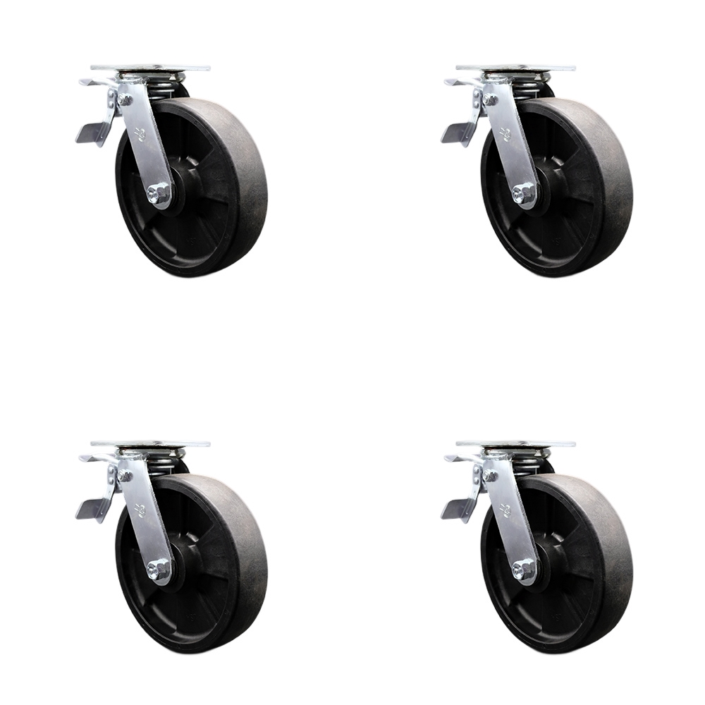 Heavy Duty Swivel Caster Set of 4 with 8 Inch High Temperature Glass Filled Nylon Wheels and Ball Bearings - Includes 4 Swivel with Total Lock Brakes - 5,000 lbs. Total Capacity - Service Caster Brand — photo 1