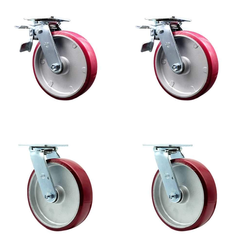 Polyurethane on Aluminum Swivel Top Plate Casters Set of 4 Heavy Duty with 8 Inch Wheels - Includes 2 Swivel with Bolt on Swivel Locks and 2 Swivel with Total Lock Brakes - Service Caster Brand — photo 1