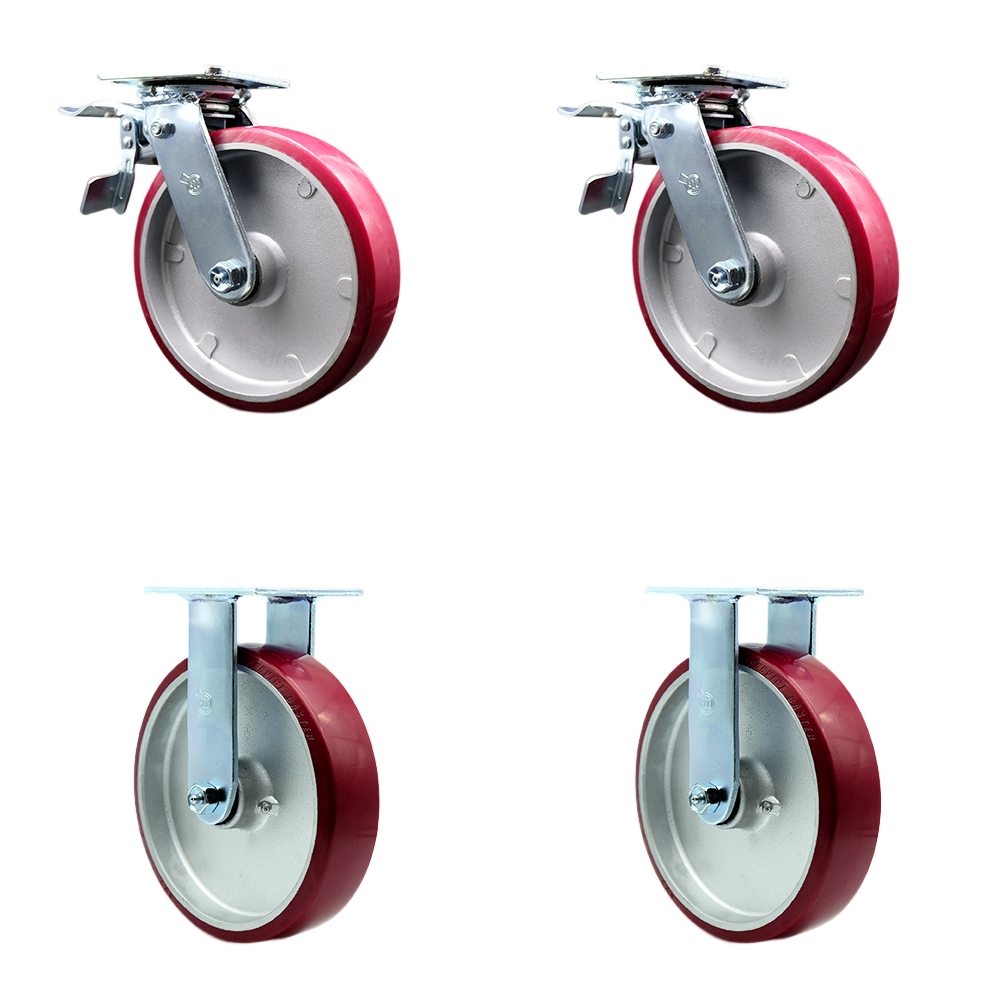 Heavy Duty Swivel Caster Set of 4 with 8 Inch Polyurethane on Aluminum Wheels and Ball Bearings - Includes 2 Swivel with Total Lock Brakes and 2 Rigid – 5,000lbs. Total Capacity - Service Caster Brand — photo 1