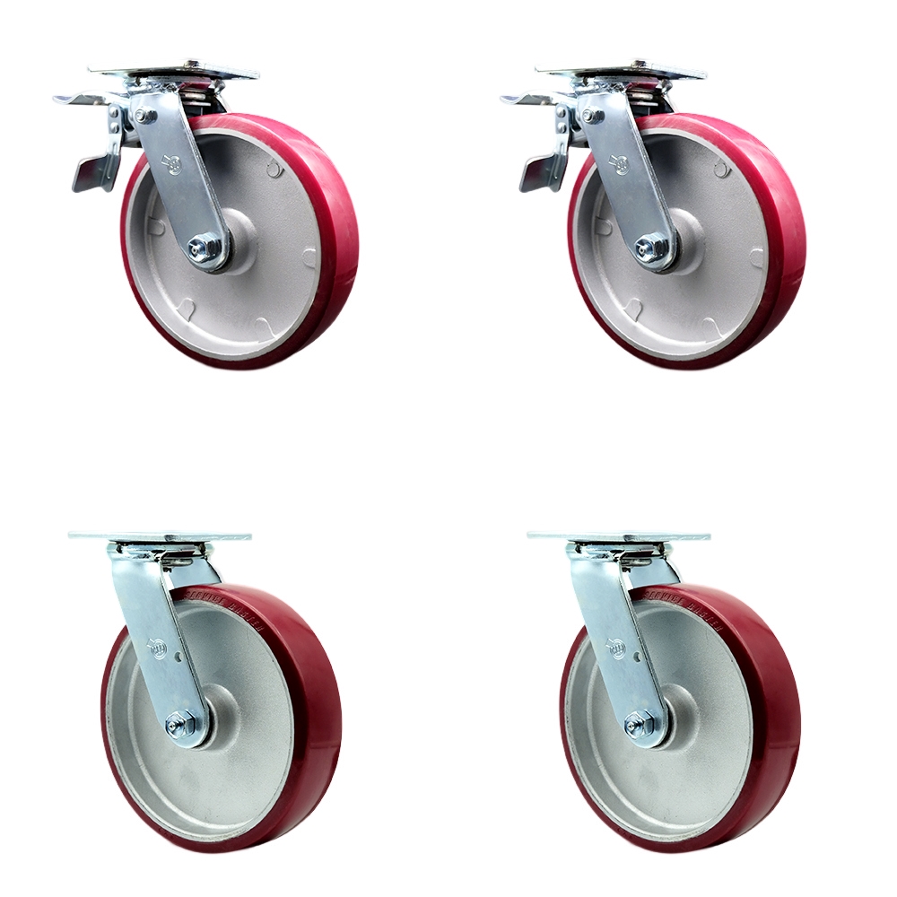 Polyurethane on Aluminum Swivel Top Plate Casters Set of 4 Heavy Duty with 8 Inch Wheels - Includes 2 Swivel with Total Lock Brakes and 2 Swivel – 5,000 lbs. Total Capacity - Service Caster Brand — photo 1