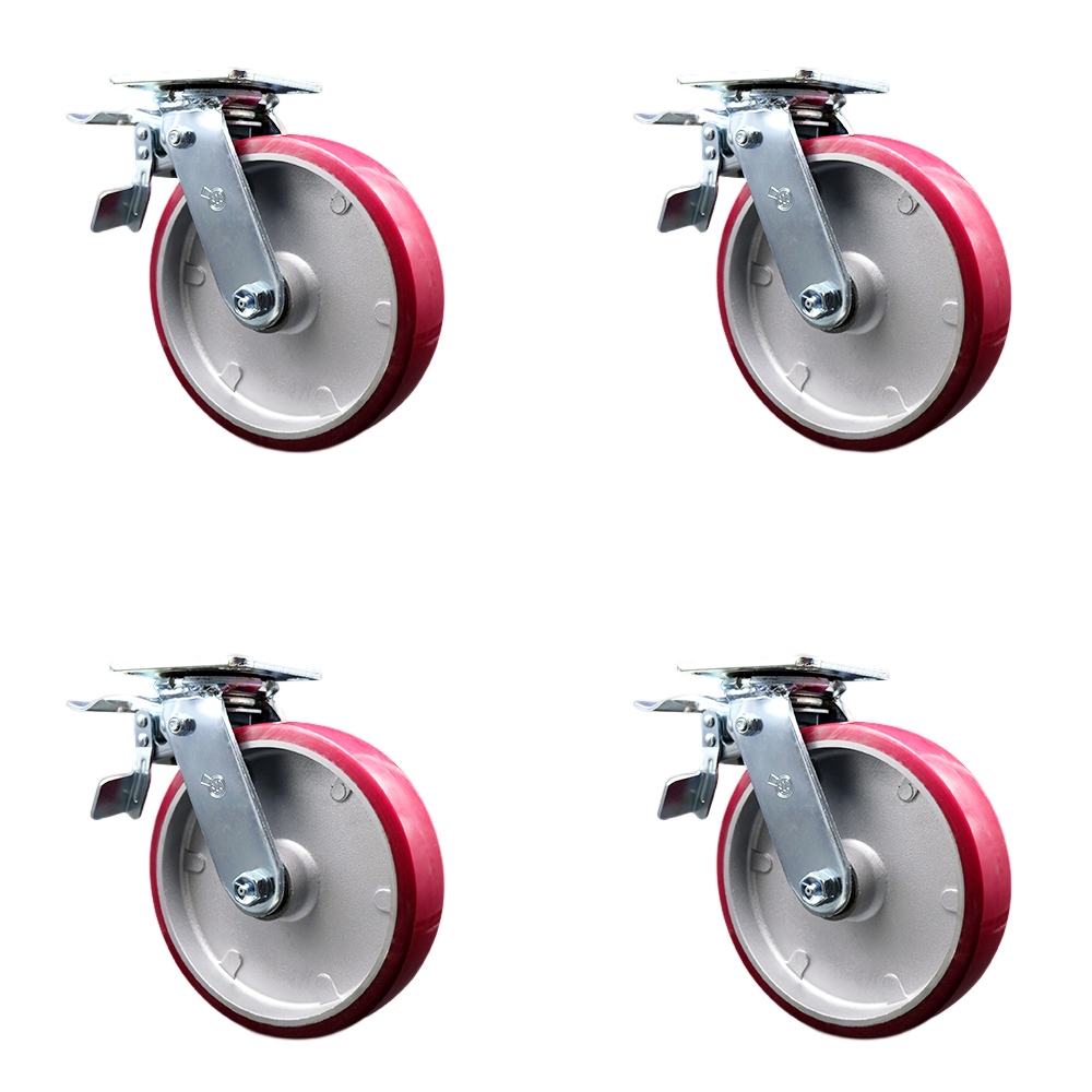 Polyurethane on Aluminum Swivel Top Plate Casters Set of 4 Heavy Duty with 8 Inch Wheels - Includes 4 Swivel with Total Lock Brakes – 5,000 lbs. Total Capacity - Service Caster Brand — photo 1