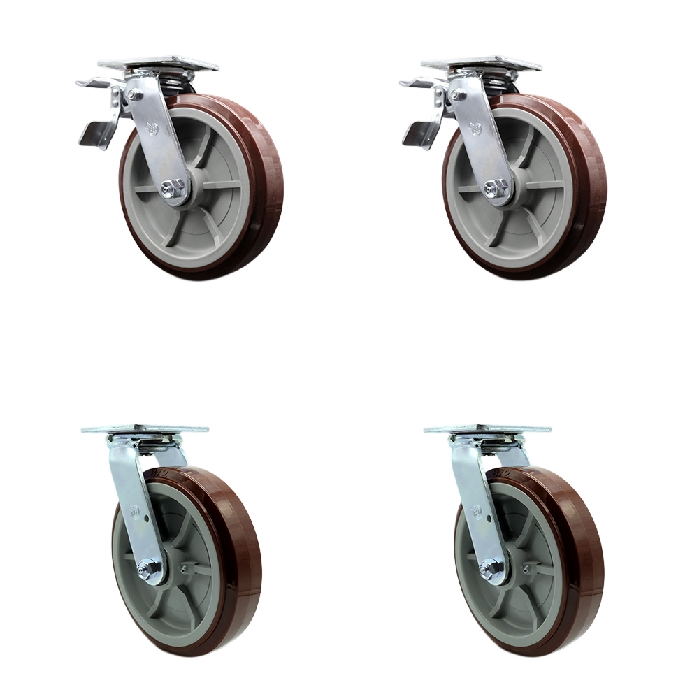 Polyurethane Swivel Top Plate Casters Set of 4 Heavy Duty with 8 Inch Wheels - Includes 2 Swivel with Bolt on Swivel Locks and 2 Swivel with Total Lock Brakes - Service Caster Brand — photo 1