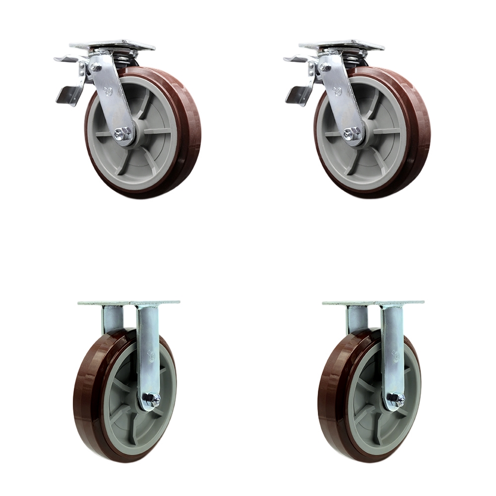Polyurethane Swivel Top Plate Casters Set of 4 Heavy Duty with 8 Inch Wheels - Includes 2 Swivel with Total Lock Brakes and 2 Rigid – 4,000 lbs. Total Capacity - Service Caster Brand — photo 1