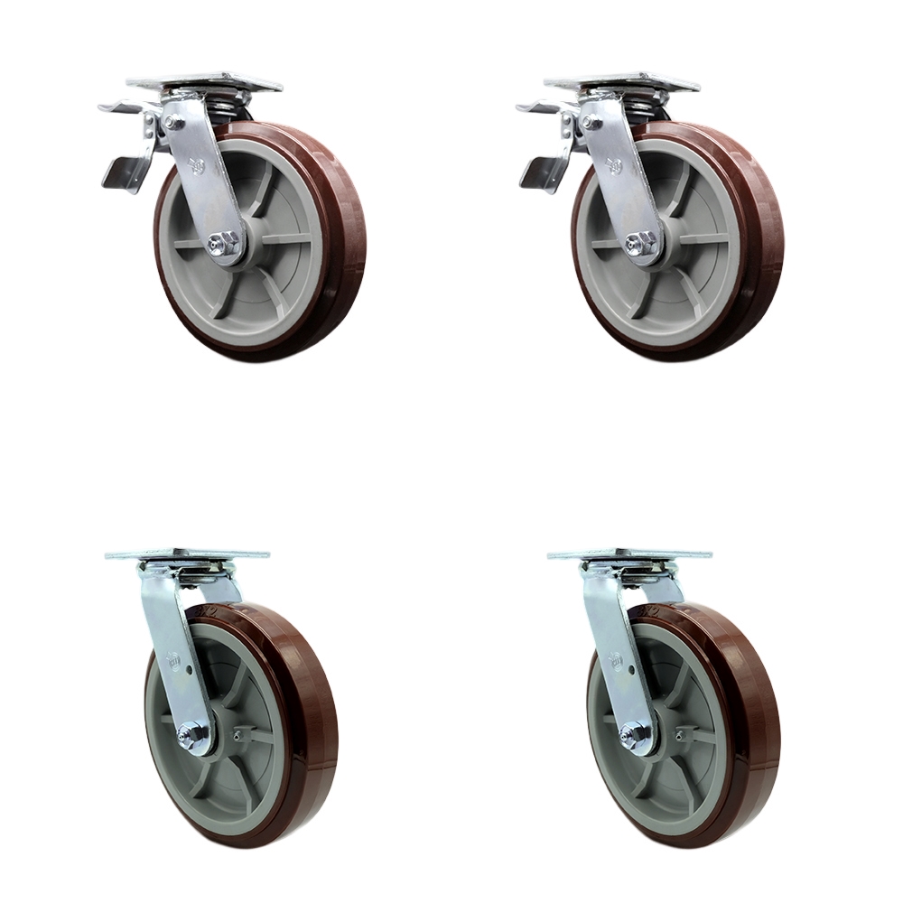 Heavy Duty Swivel Caster Set of 4 with 8 Inch Polyurethane Wheels and Ball Bearings - Includes 2 Swivel with Total Lock Brakes and 2 Swivel – 4,000 lbs. Total Capacity - Service Caster Brand — photo 1