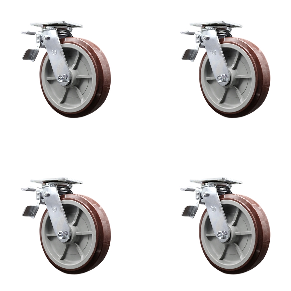 Heavy Duty Swivel Caster Set of 4 with 8 Inch Polyurethane Wheels and Ball Bearings - Includes 4 Swivel with Total Lock Brakes - 4,000 lbs. Total Capacity - Service Caster Brand — photo 1