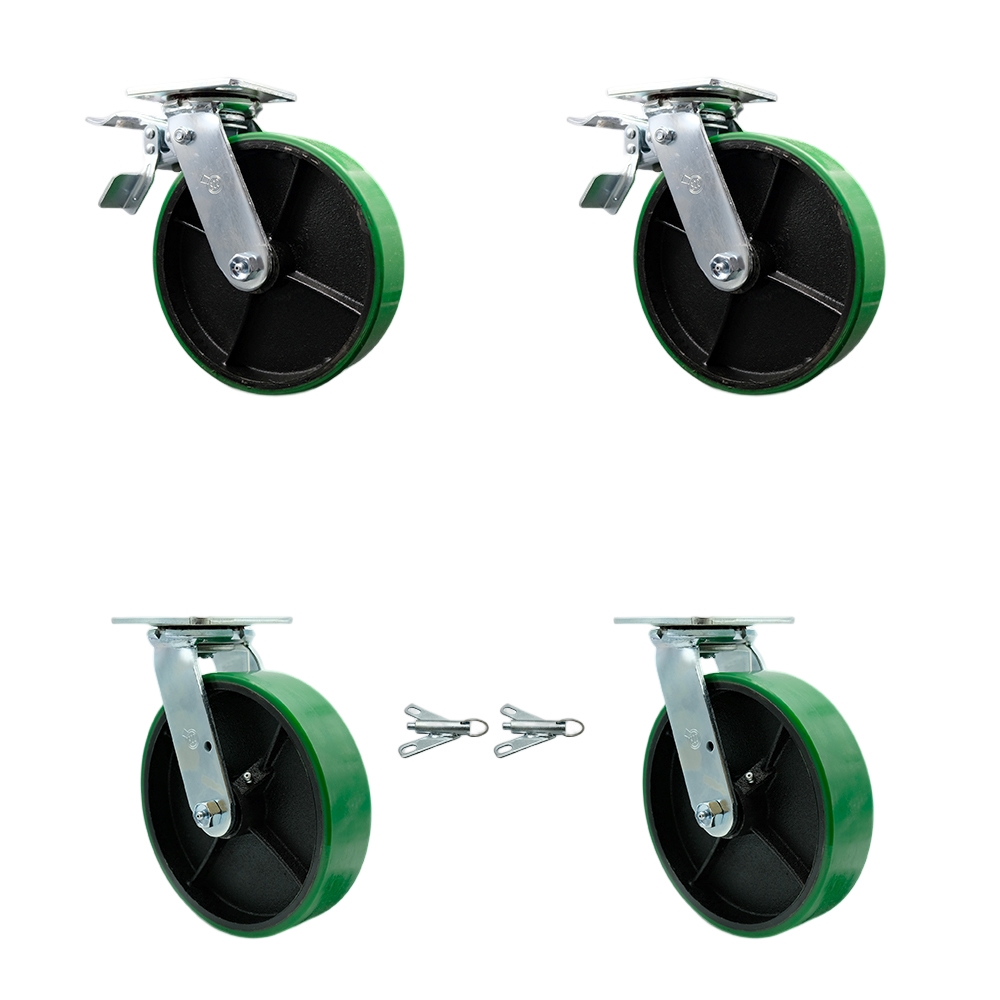 Heavy Duty Swivel Caster Set with 8 Inch Green Polyurethane on Cast Iron Wheels and Ball Bearings-Includes 2 Swivel with Total Lock Brakes and 2 Swivel with Bolt on Swivel Locks - Service Caster Brand — photo 1