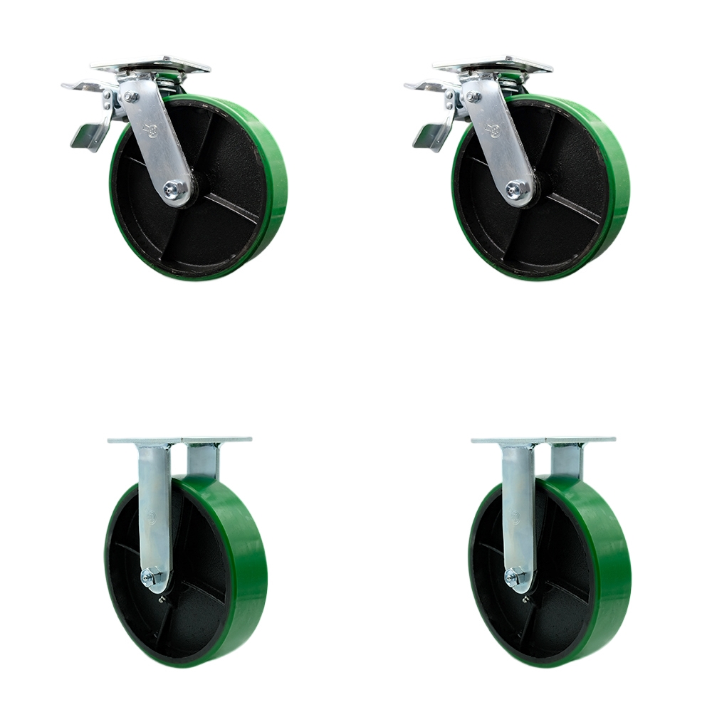 Heavy Duty Swivel Caster Set of 4 with 8 Inch Green Polyurethane on Cast Iron Wheels and Ball Bearings-Includes 2 Swivel with Total Lock Brake and 2 Rigid-5,000lbs. Total Capacity-Service Caster Brand — photo 1
