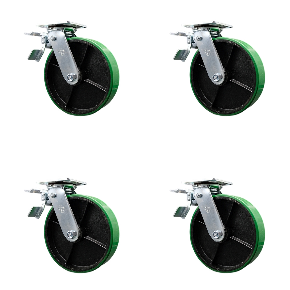 Heavy Duty Swivel Caster Set of 4 with 8 Inch Green Polyurethane on Cast Iron Wheels and Ball Bearings - Includes 4 Swivel with Total Lock Brakes - 5,000 lbs. Total Capacity - Service Caster Brand — photo 1