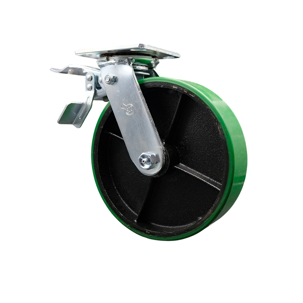Polyurethane on Cast Iron Swivel Top Plate Heavy Duty Caster with 8 Inch Green Wheel and Total Lock Brake – 1,250 lbs. Capacity/Caster - Service Caster Brand — photo 1