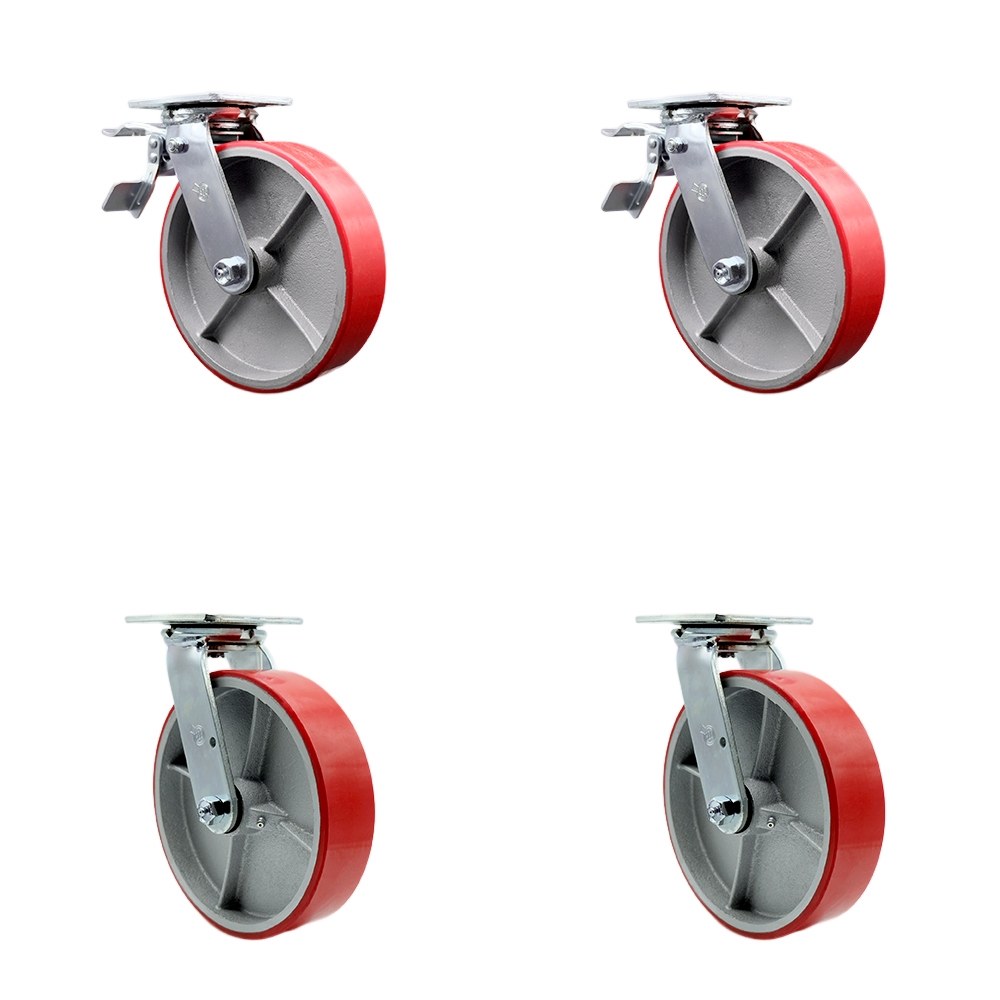 Heavy Duty Swivel Caster Set with 8 Inch Red Polyurethane on Cast Iron Wheels and Ball Bearings-Includes 2 Swivel with Total Lock Brakes and 2 Swivel with Bolt on Swivel Locks - Service Caster Brand — photo 1
