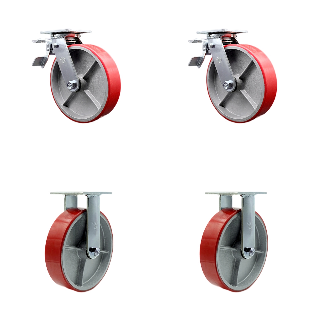 Heavy Duty Swivel Caster Set of 4 with 8 Inch Red Polyurethane on Cast Iron Wheels and Ball Bearings-Includes 2 Swivel with Total Lock Brake and 2 Rigid-5,000lbs. Total Capacity-Service Caster Brand — photo 1