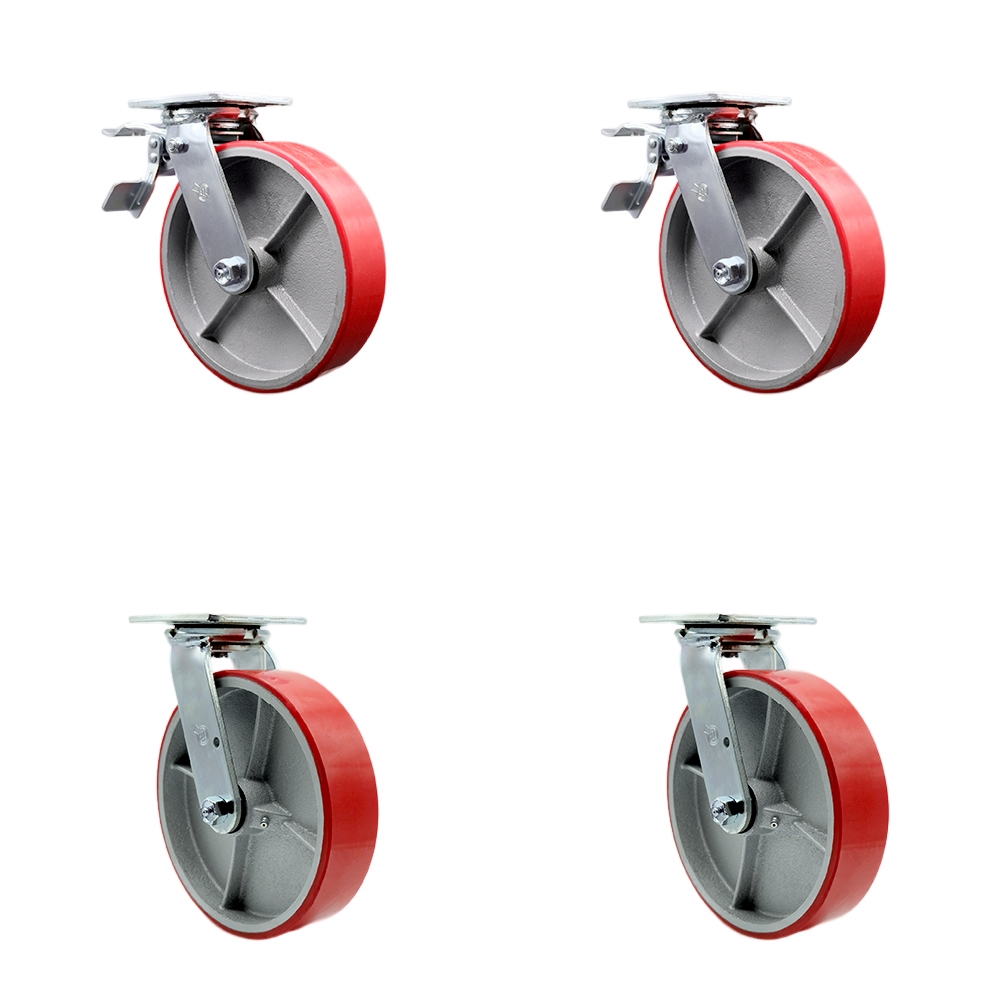 Heavy Duty Swivel Caster Set with 8 Inch Red Polyurethane on Cast Iron Wheels and Ball Bearings-Includes 2 Swivel with Total Lock Brakes and 2 Swivel-5,000 lbs. Total Capacity - Service Caster Brand — photo 1