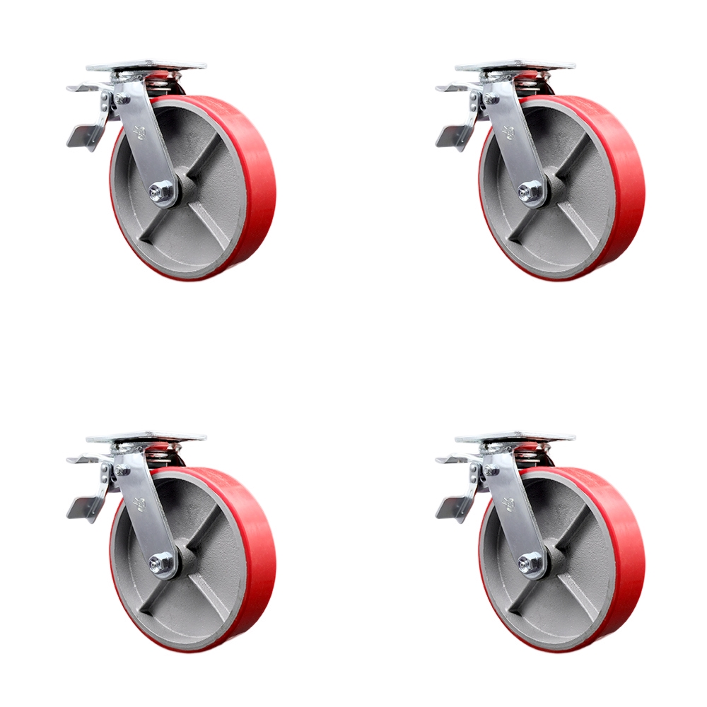 Heavy Duty Swivel Caster Set of 4 with 8 Inch Red Polyurethane on Cast Iron Wheels and Ball Bearings - Includes 4 Swivel with Total Lock Brakes - 5,000 lbs. Total Capacity - Service Caster Brand — photo 1