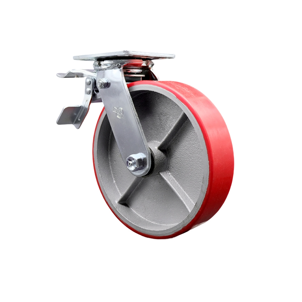 Polyurethane on Cast Iron Swivel Top Plate Heavy Duty Caster with 8 Inch Red Wheel and Total Lock Brake – 1,250 lbs. Capacity/Caster - Service Caster Brand — photo 1