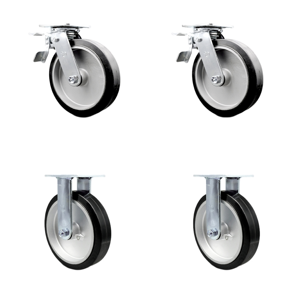 Heavy Duty Swivel Caster Set of 4 with 8 Inch Rubber on Aluminum Wheels and Ball Bearings - Includes 2 Swivel with Total Lock Brakes and 2 Rigid – 2,400lbs. Total Capacity - Service Caster Brand — photo 1