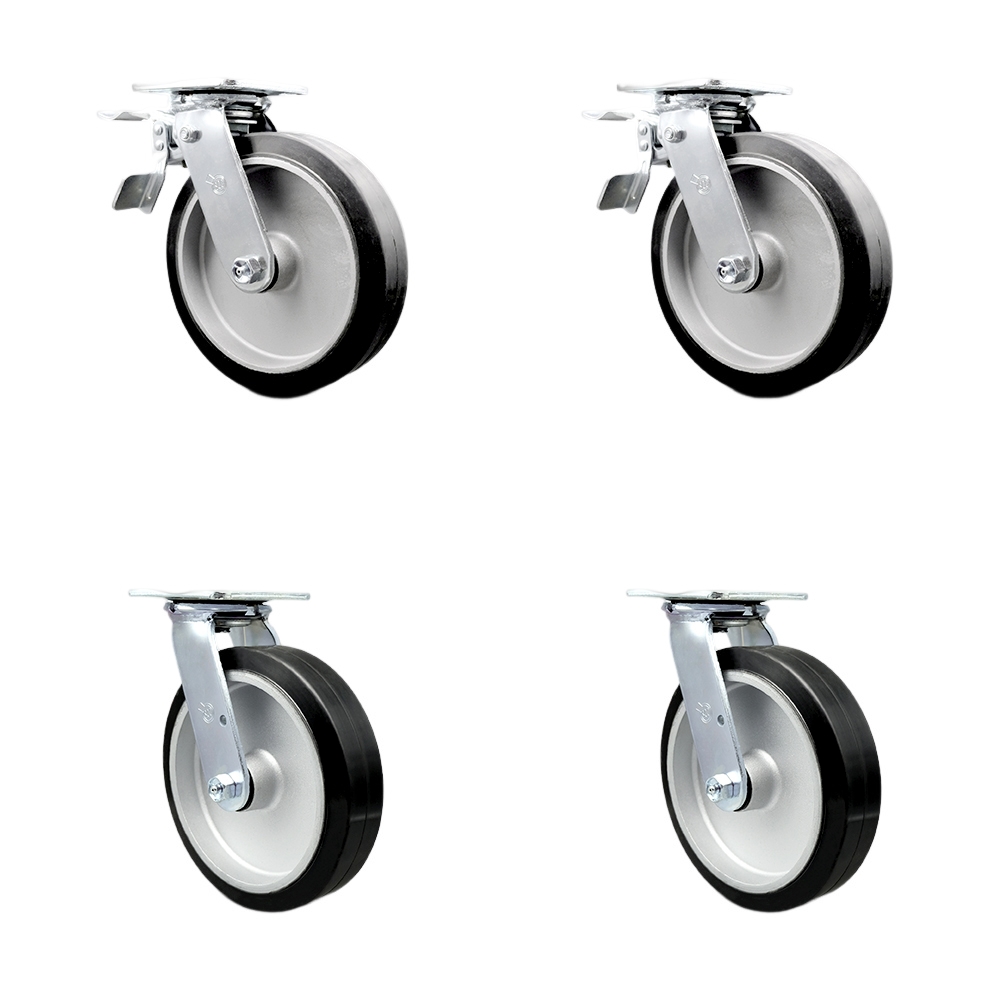 Rubber on Aluminum Swivel Top Plate Casters Set of 4 Heavy Duty with 8 Inch Wheels - Includes 2 Swivel with Total Lock Brakes and 2 Swivel – 2,400 lbs. Total Capacity - Service Caster Brand — photo 1