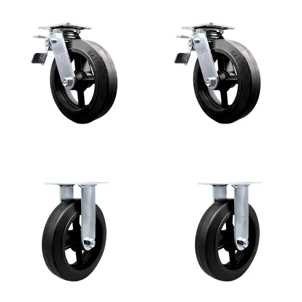 Rubber on Metal Swivel Top Plate Casters Set of 4 Heavy Duty with 8 Inch Wheels - Includes 2 Swivel with Total Lock Brakes and 2 Rigid – 2,000 lbs. Total Capacity - Service Caster Brand — photo 1