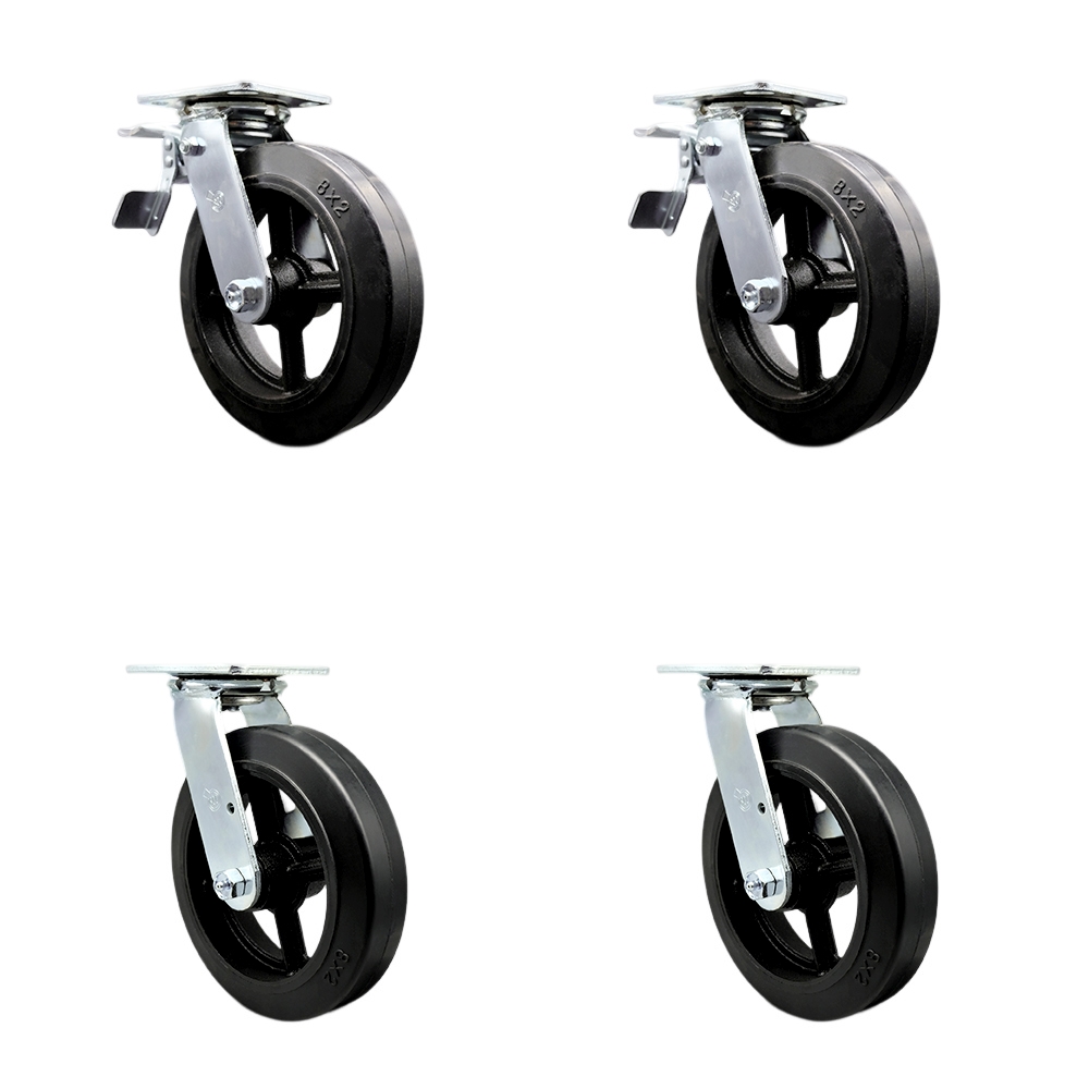 Heavy Duty Swivel Caster Set of 4 with 8 Inch Rubber on Metal Wheels and Ball Bearings - Includes 2 Swivel with Total Lock Brakes and 2 Swivel – 2,000 lbs. Total Capacity - Service Caster Brand — photo 1