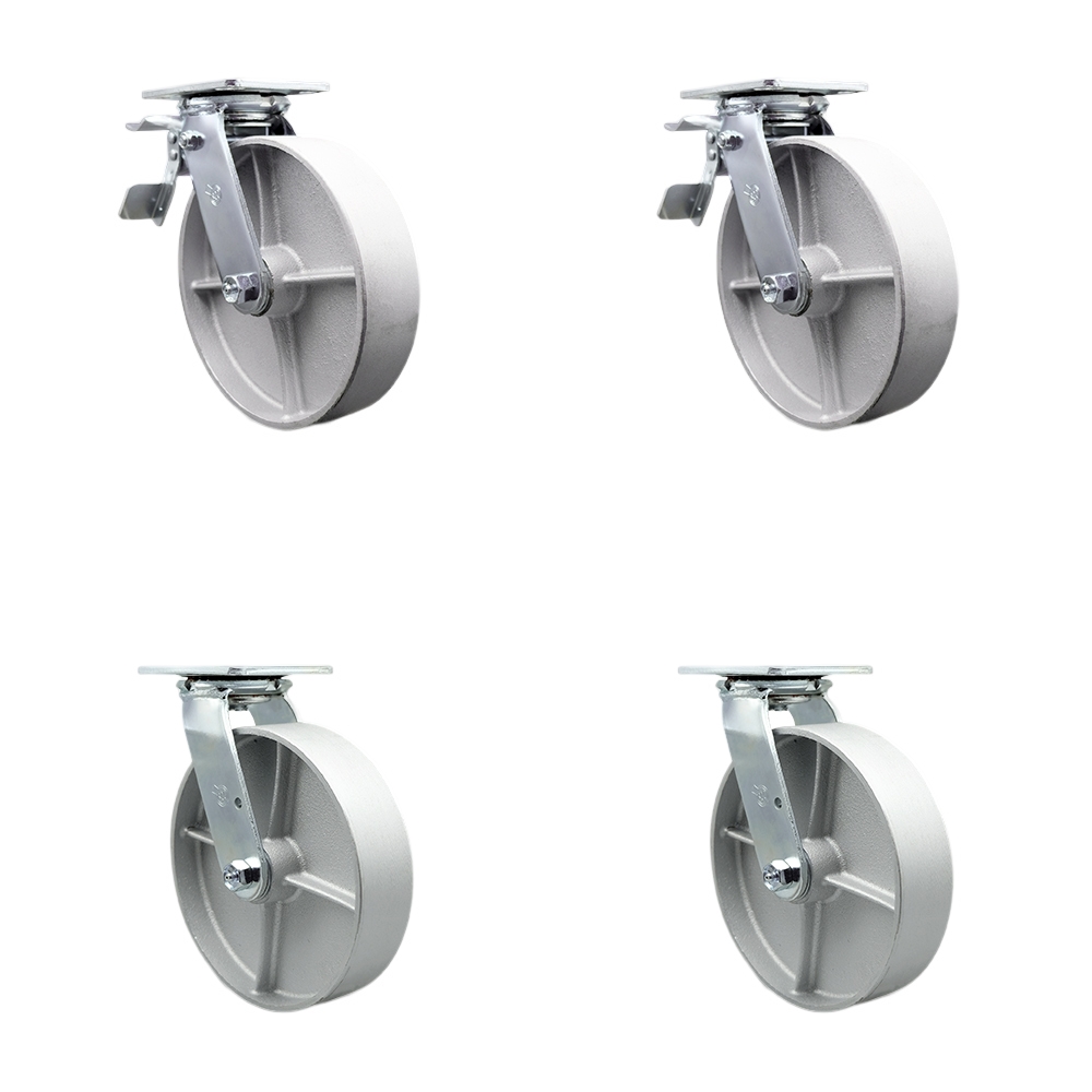Semi Steel Cast Iron Swivel Top Plate Casters Set of 4 Heavy Duty with 8 Inch Wheels - Includes 2 Swivel with Bolt on Swivel Locks and 2 Swivel with Total Lock Brakes - Service Caster Brand — photo 1