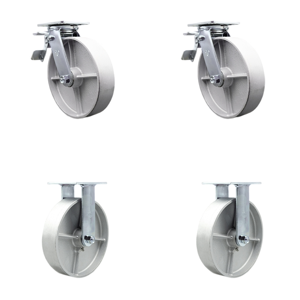 Semi Steel Cast Iron Swivel Top Plate Casters Set of 4 Heavy Duty with 8 Inch Wheels - Includes 2 Swivel with Total Lock Brakes and 2 Rigid – 5,000 lbs. Total Capacity - Service Caster Brand — photo 1
