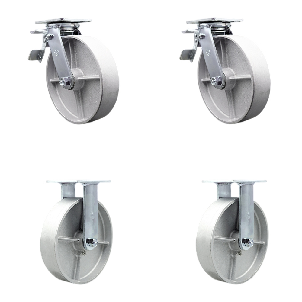 Heavy Duty Swivel Caster Set of 4 with 8 Inch Semi Steel Cast Iron Wheels and Ball Bearings - Includes 2 Swivel with Total Lock Brakes and 2 Rigid – 5,000 lbs. Total Capacity - Service Caster Brand — photo 1
