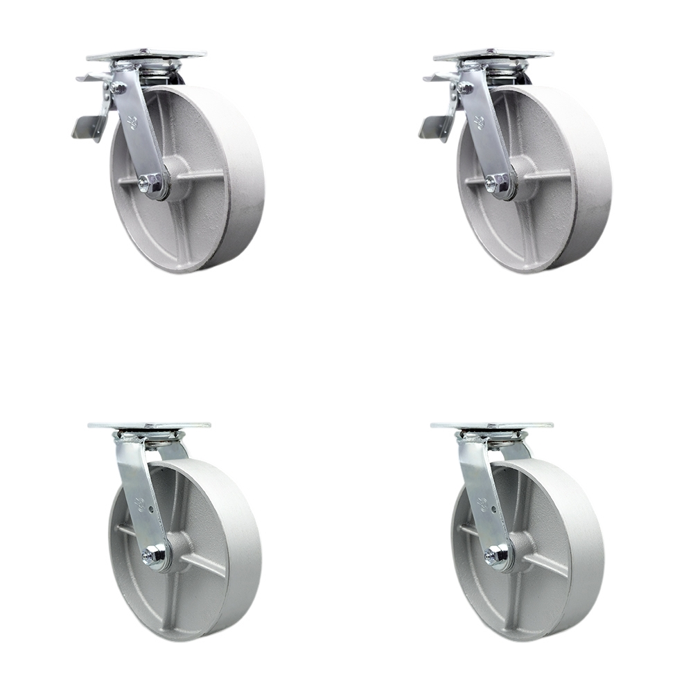 Heavy Duty Swivel Caster Set of 4 with 8 Inch Semi Steel Cast Iron Wheels and Ball Bearings - Includes 2 Swivel with Total Lock Brakes and 2 Swivel – 5,000 lbs. Total Capacity - Service Caster Brand — photo 1