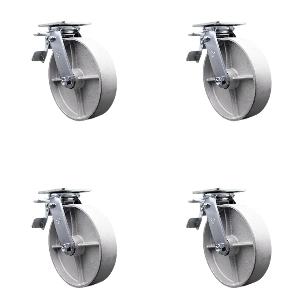 Heavy Duty Swivel Caster Set of 4 with 8 Inch Semi Steel Cast Iron Wheels and Ball Bearings - Includes 4 Swivel with Total Lock Brakes - 5,000 lbs. Total Capacity - Service Caster Brand — photo 1
