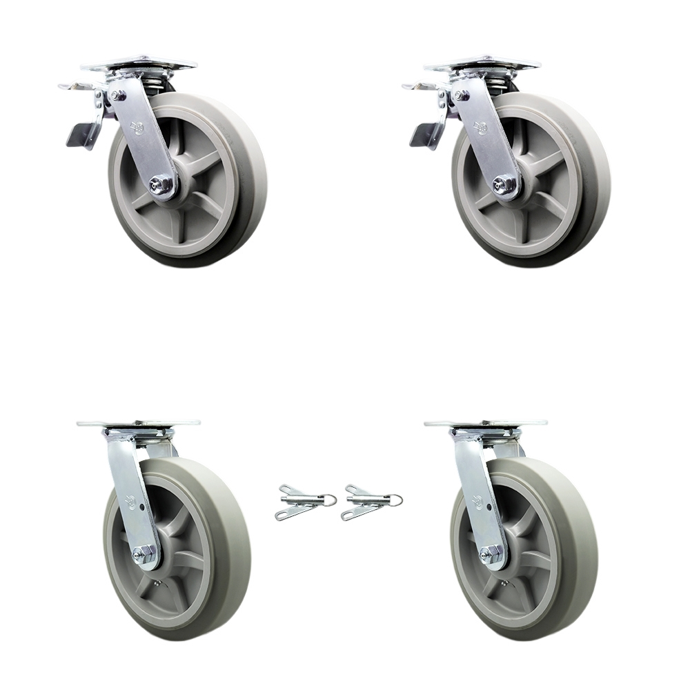 Thermoplastic Rubber Flat Tread Swivel Top Plate Casters Set of 4 Heavy Duty with 8 Inch Wheels - Includes 2 Swivel with Bolt on Swivel Locks and 2 Swivel with Total Lock Brakes - Service Caster Brand — photo 1