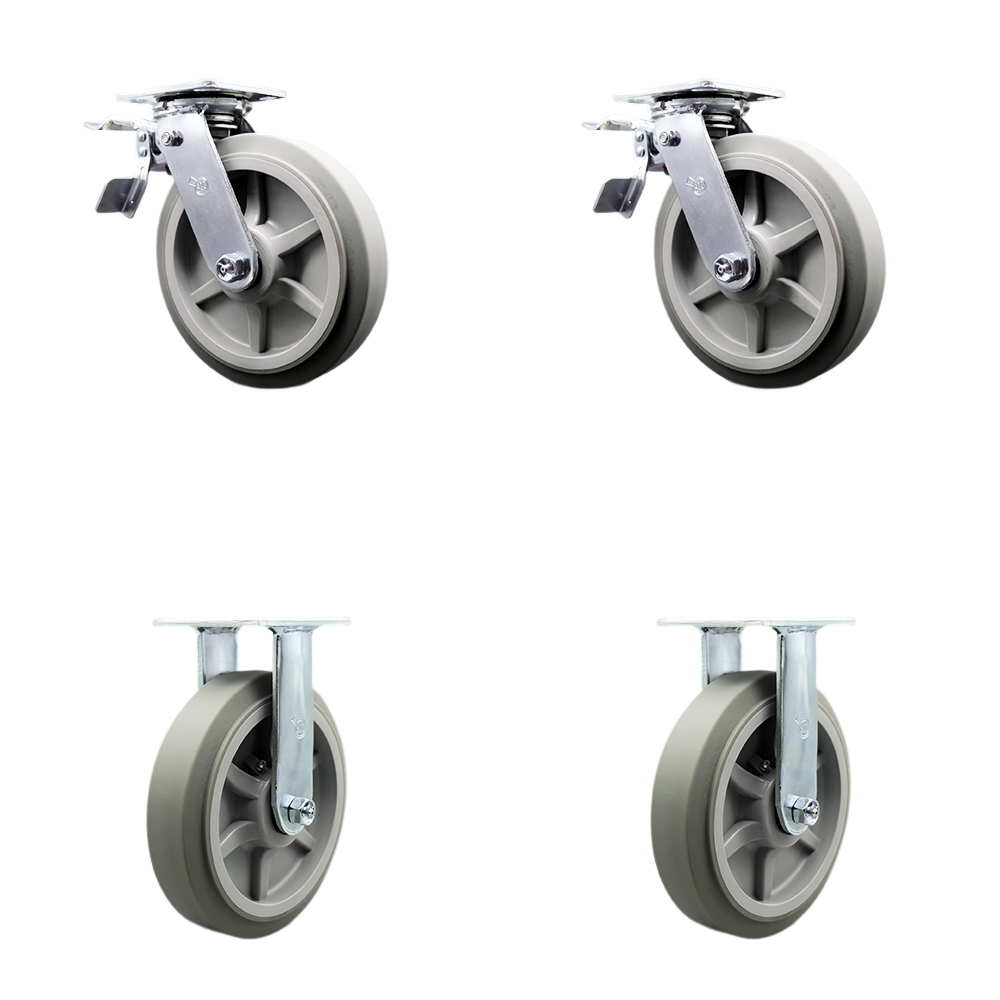 Thermoplastic Rubber Flat Tread Swivel Top Plate Casters Set of 4 Heavy Duty with 8 Inch Wheels - Includes 2 Swivel with Total Lock Brakes and 2 Rigid– 2,400 lbs. Total Capacity - Service Caster Brand — photo 1