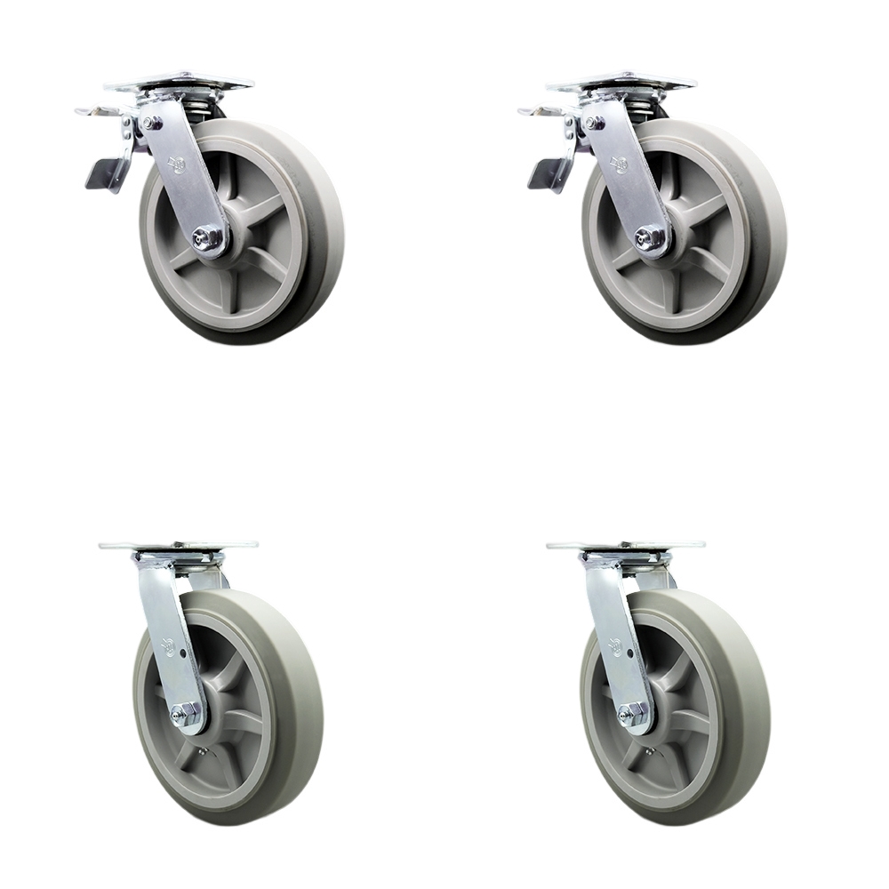 Thermoplastic Rubber Flat Tread Swivel Top Plate Casters Set of 4 Heavy Duty with 8 Inch Wheels - Includes 2 Swivel with Total Lock Brakes and 2 Swivel–2,400 lbs. Total Capacity - Service Caster Brand — photo 1