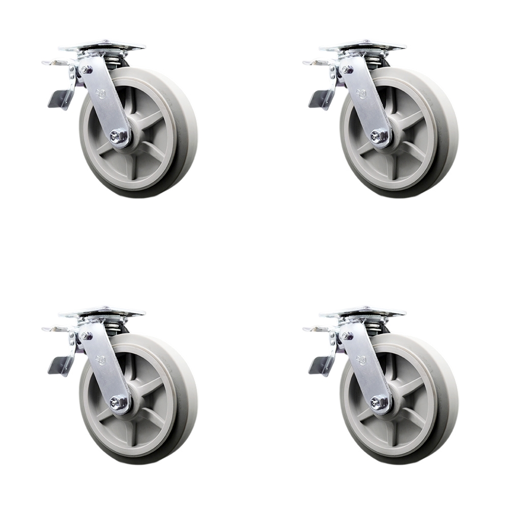 Thermoplastic Rubber Flat Tread Swivel Top Plate Casters Set of 4 Heavy Duty with 8 Inch Wheels - Includes 4 Swivel with Total Lock Brakes – 2,400 lbs. Total Capacity - Service Caster Brand — photo 1
