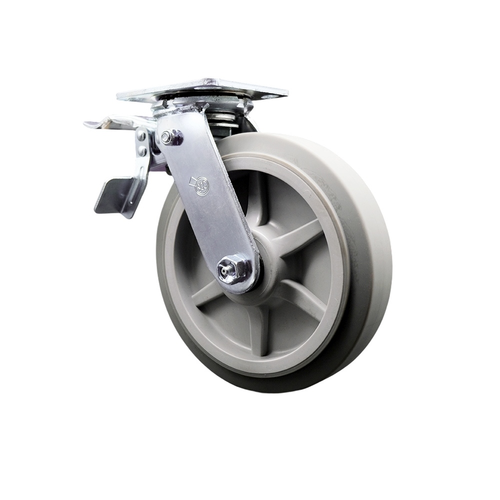 Thermoplastic Rubber Flat Tread Swivel Top Plate Heavy Duty Caster with 8 Inch Wheel and Total Lock Brake – 600 lbs. Capacity/Caster - Service Caster Brand — photo 1