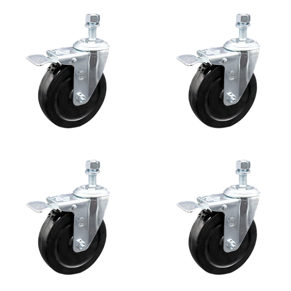 Stainless Steel Hard Rubber Swivel Threaded Stem Caster Set of 4 w/5" x 1.25" Black Wheels and 10mm Stems - Includes 4 with Total Lock Brakes - 1200 lbs Total Capacity - Service Caster Brand — photo 1