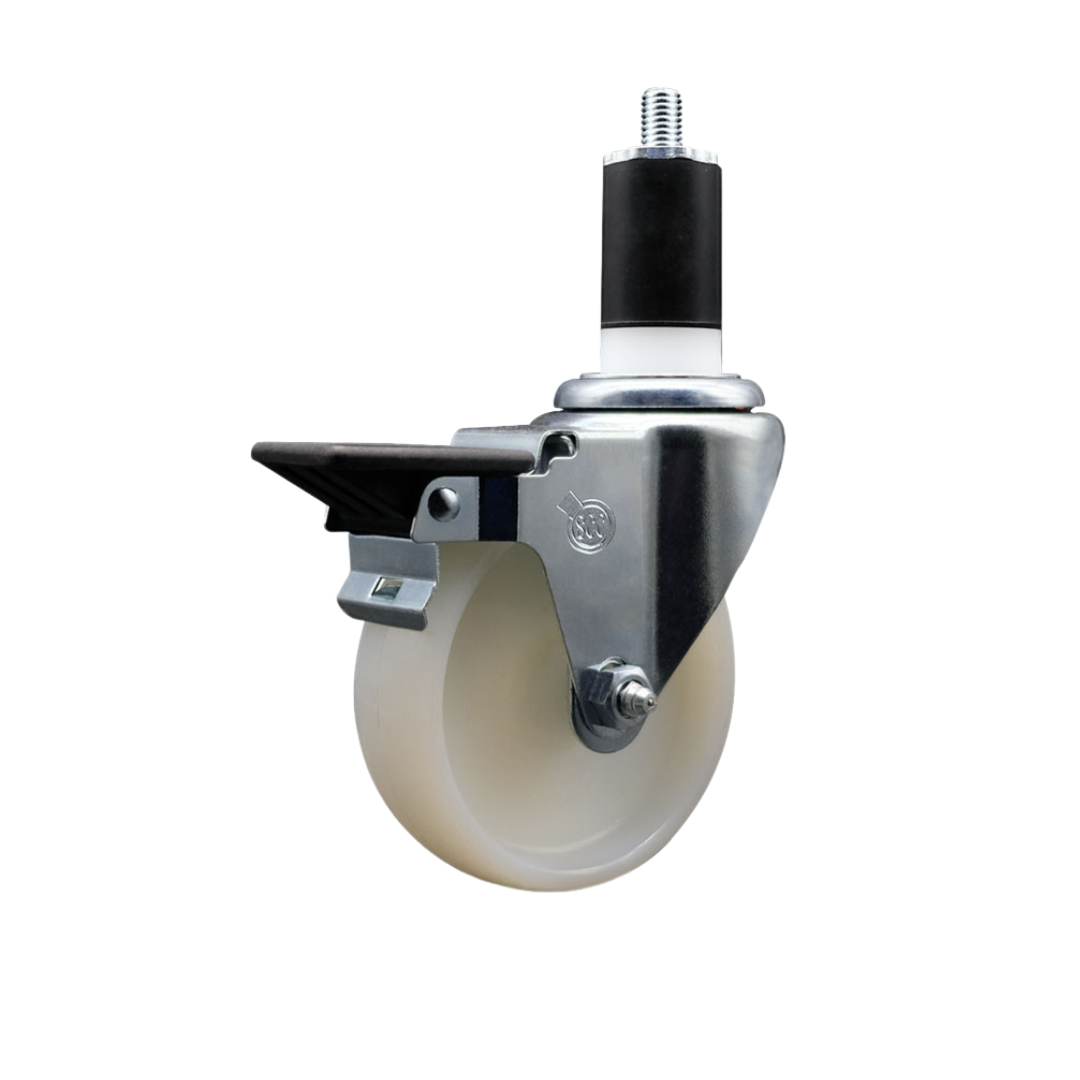 Nylon Expanding Stem Swivel Caster with 4 Inch White Wheel and 1-1/2" Stem & Posi Locking Brake - 300 lbs. Capacity Per Caster - Service Caster Brand — photo 1