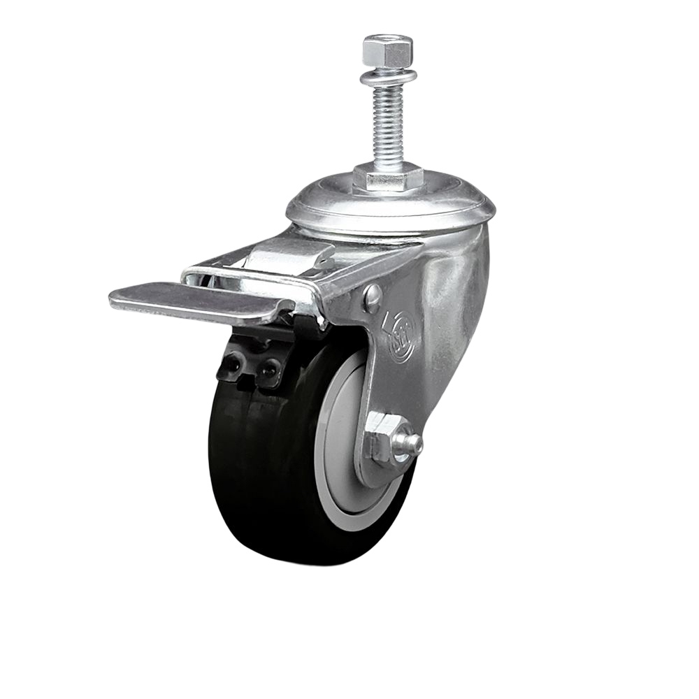 Polyurethane Swivel Threaded Stem Caster w/3.5" x 1.25"  Black Wheel and 10mm Stem & Total Locking Brake - 300 lbs Capacity/Caster - Service Caster Brand — photo 1
