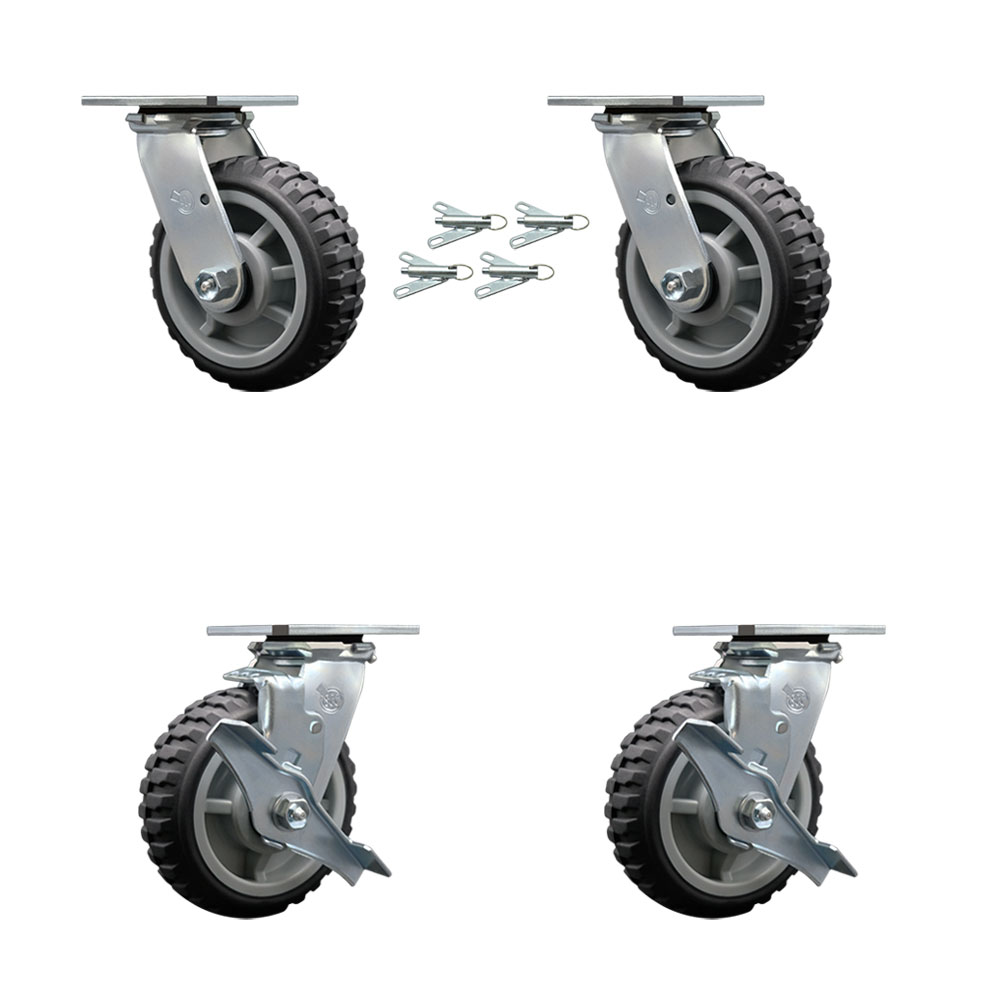 Heavy Duty Swivel Caster Set with 6 Inch MudderTuffer Thermoplastic Wheel and Ball Bearing - Include 2 Swivel with Brake and Bolt on Lock and 2 Swivel with Bolt on Lock - Service Caster Brand — photo 1