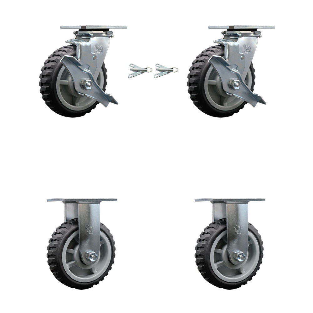 Heavy Duty Swivel Caster Set of 4 with 6 Inch MudderTuffer Thermoplastic Rubber Wheels and Ball Bearings - Includes 2 Swivel with Brakes and Bolt on Swivel Locks and 2 Rigid - Service Caster Brand — photo 1