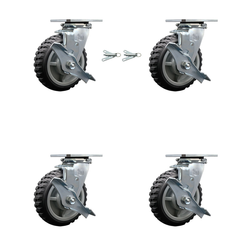 Heavy Duty Swivel Caster Set of 4 with 6 Inch MudderTuffer Thermoplastic Rubber Wheels and Ball Bearing-Include 2 Swivel with Brake and Bolt on Swivel Lock and 2 Swivel with Brake-Service Caster Brand — photo 1