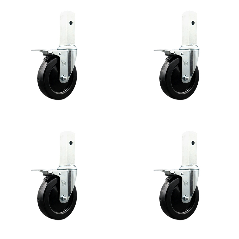 Hard Rubber Swivel Square Stem Scaffolding Wheels Caster Set of 4 w/5" x 1-1/4" Black Wheel and 1-1/4" Stems with Total Lock Brakes - 300 lbs Capacity/Caster - Service Caster Brand — photo 1
