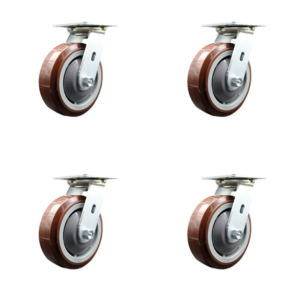 Chemtainer CST60URR  Replacement Swivel Caster Set of 4–6 Inch Maroon Polyurethane on Gray Polyolefin Wheels with Plastic Thread Guards–1,000 lbs. Capacity Per Caster-Service Caster Brand — photo 1